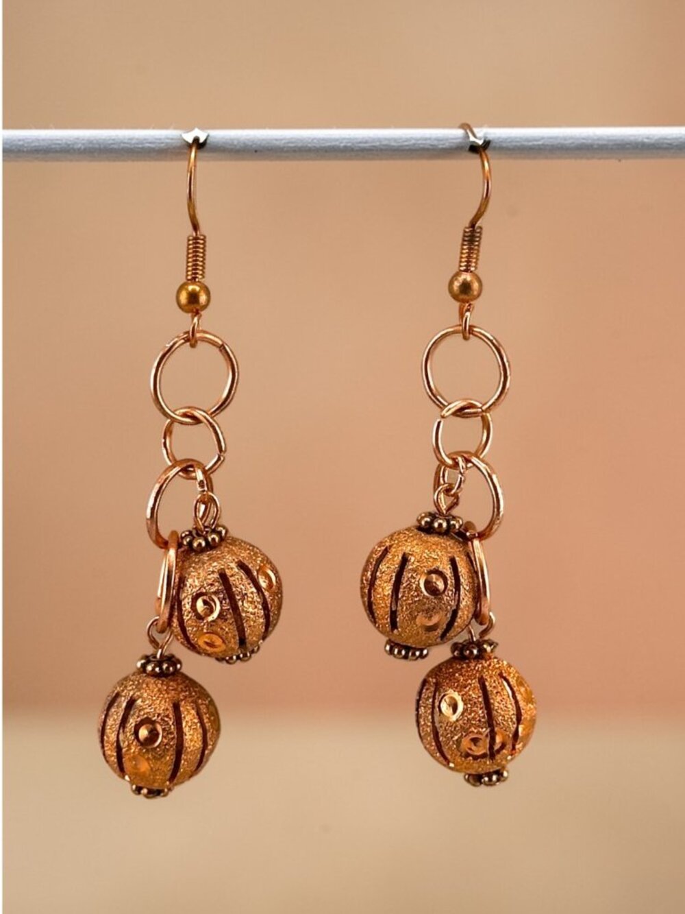 Vintage Copper Tone Beaded Dangle Earrings Artisan Boho Copper Ear Wires 2 1/4"